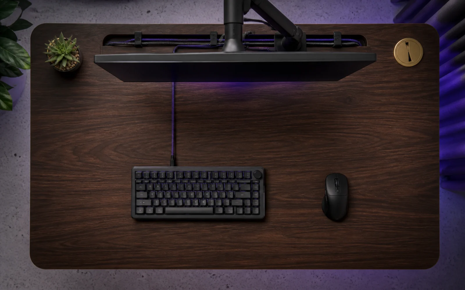 Top-down compact desk layout with keyboard, mouse, cable, and screen zones