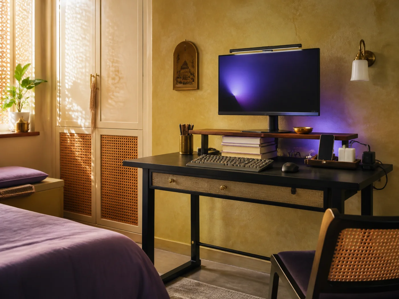 Warm compact study workspace in a Jaipur apartment